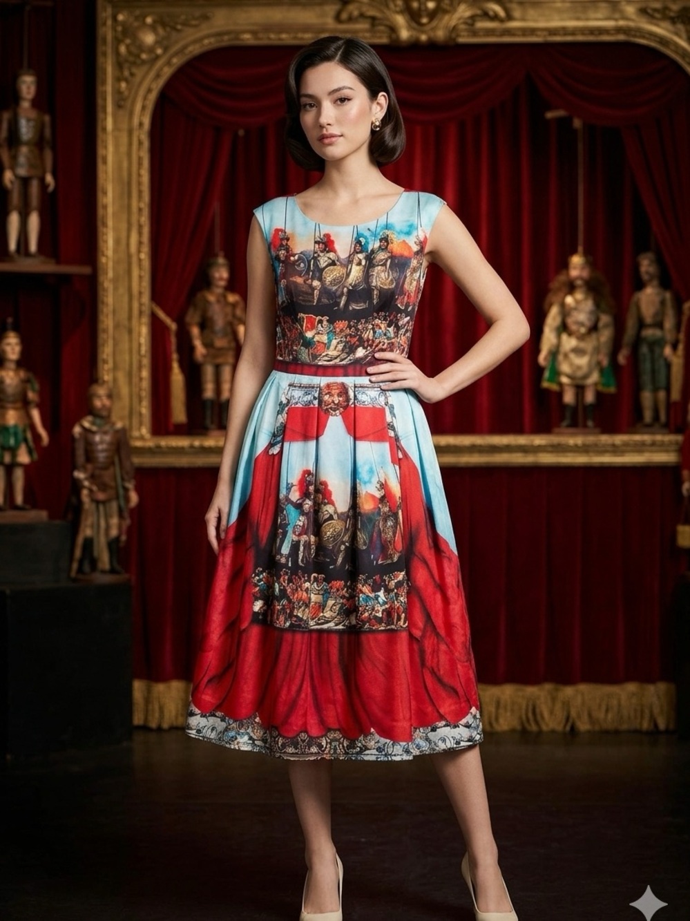 Opera dei Pupi Sicilian Puppet Theater print Silk & Cotton Dress size Medium
